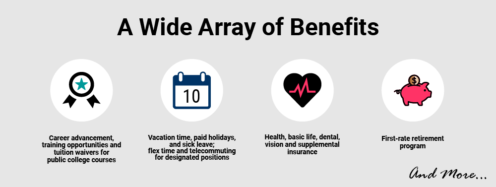 A Wide Array of Benefits. Career advancement, training opportunities and tuition waivers for public college courses. Vacation time, paid holidays, and sick leave; flex time and telecommuting for designated positions. Health, basic life, dental, vision, and supplemental insurance. First-rate retirement program, and more...